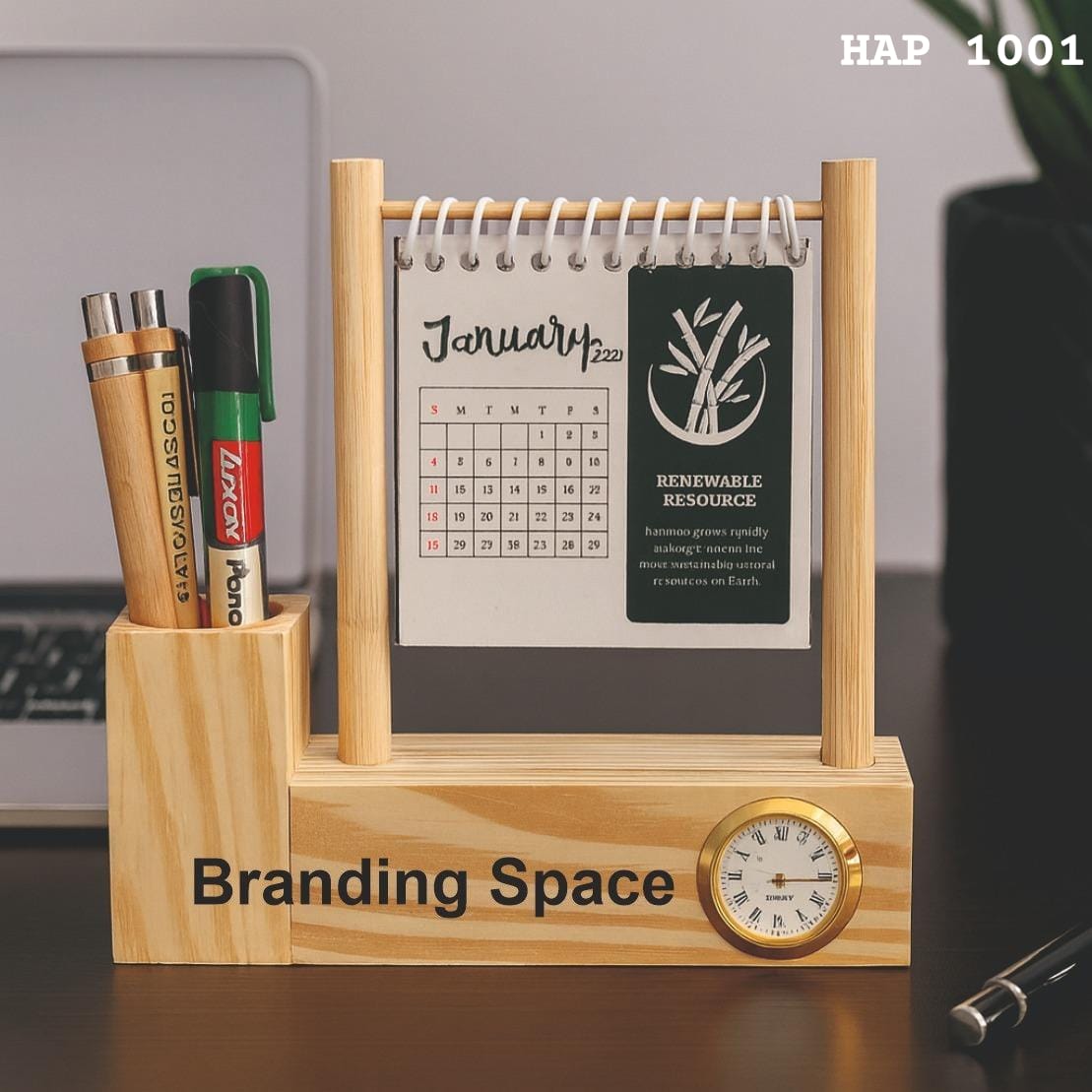 Bamboo Desk Calendar with Pen Holder & Clock